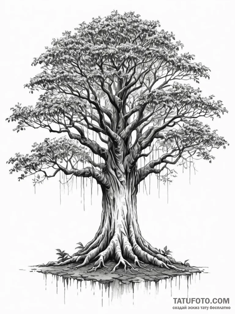 Tattoo design a powerful, ancient banyan tree... - эскиз тату (№1751075205_0, 28.06.2025 01:46) — Tatufoto.com