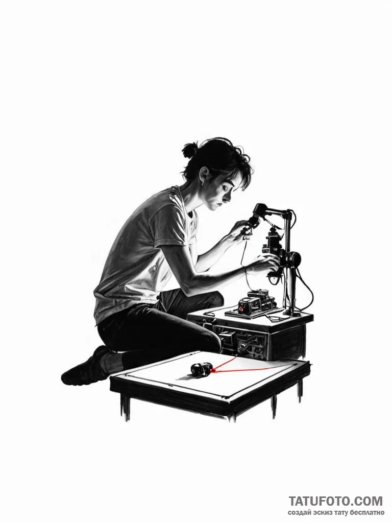 A person developing film in a darkroom, lit b... - эскиз тату (№1751076855_0, 28.06.2025 02:14) — Tatufoto.com