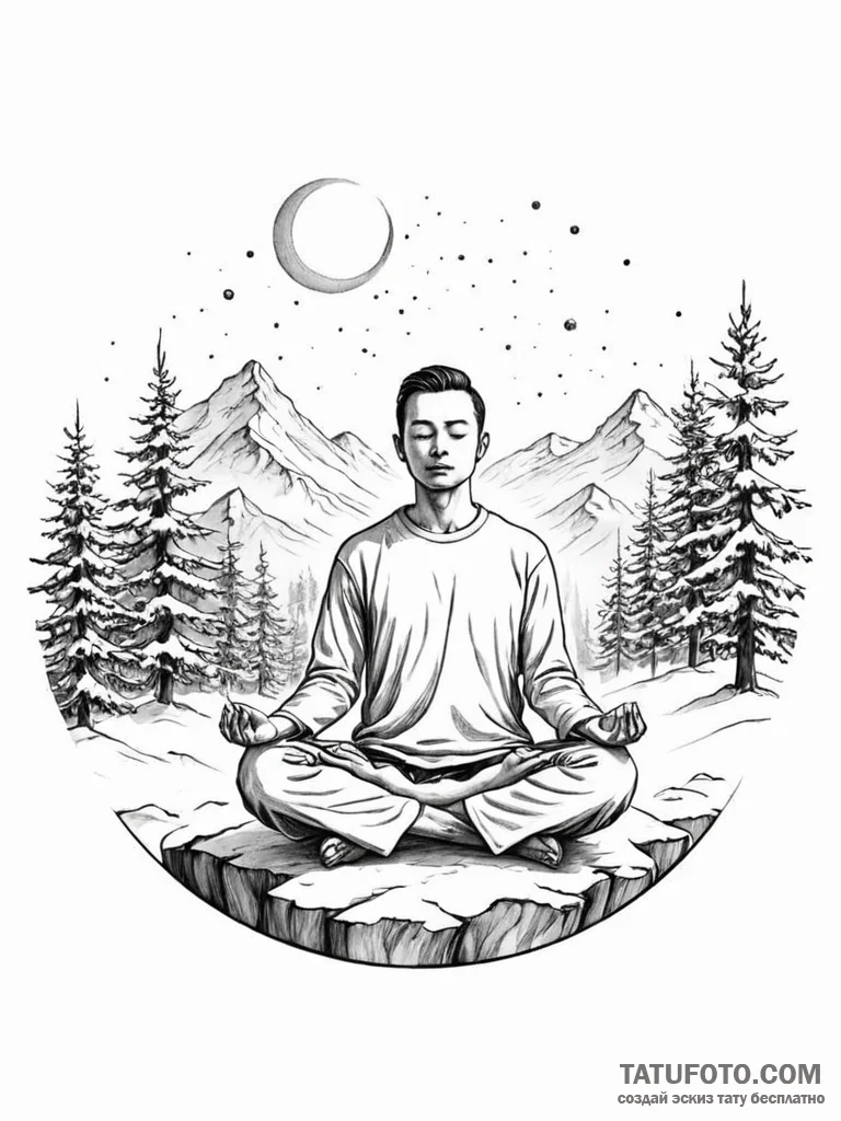 A person meditating in a silent, snowy landsc... - эскиз тату (№1751077516_0, 28.06.2025 02:25) — Tatufoto.com