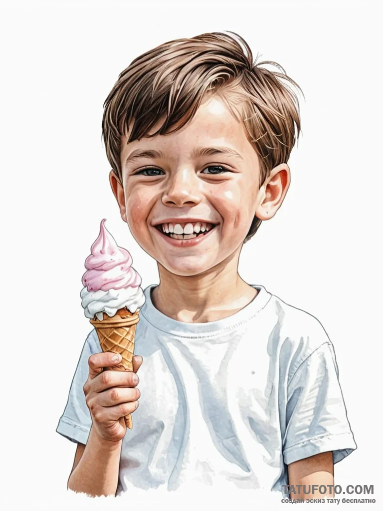 A young boy with a missing front tooth, grinn... - эскиз тату (№1751077850_0, 28.06.2025 02:30) — Tatufoto.com