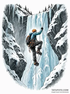 A person ice climbing up a frozen waterfall. - эскиз тату (№1751078636_0, 28.06.2025 02:43) — Tatufoto.com
