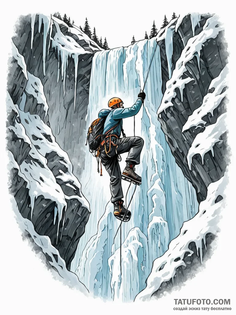 A person ice climbing up a frozen waterfall. - эскиз тату (№1751078636_0, 28.06.2025 02:43) — Tatufoto.com