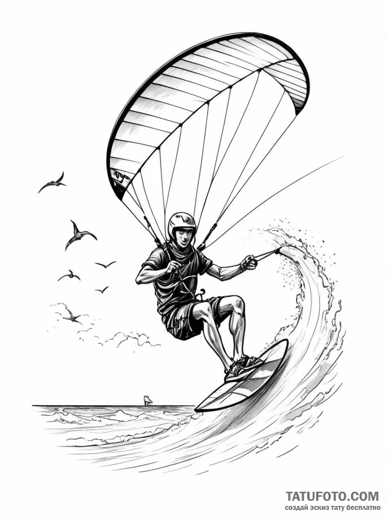 A shot of a kite surfing competition. - эскиз тату (№1751079201_0, 28.06.2025 02:53) — Tatufoto.com