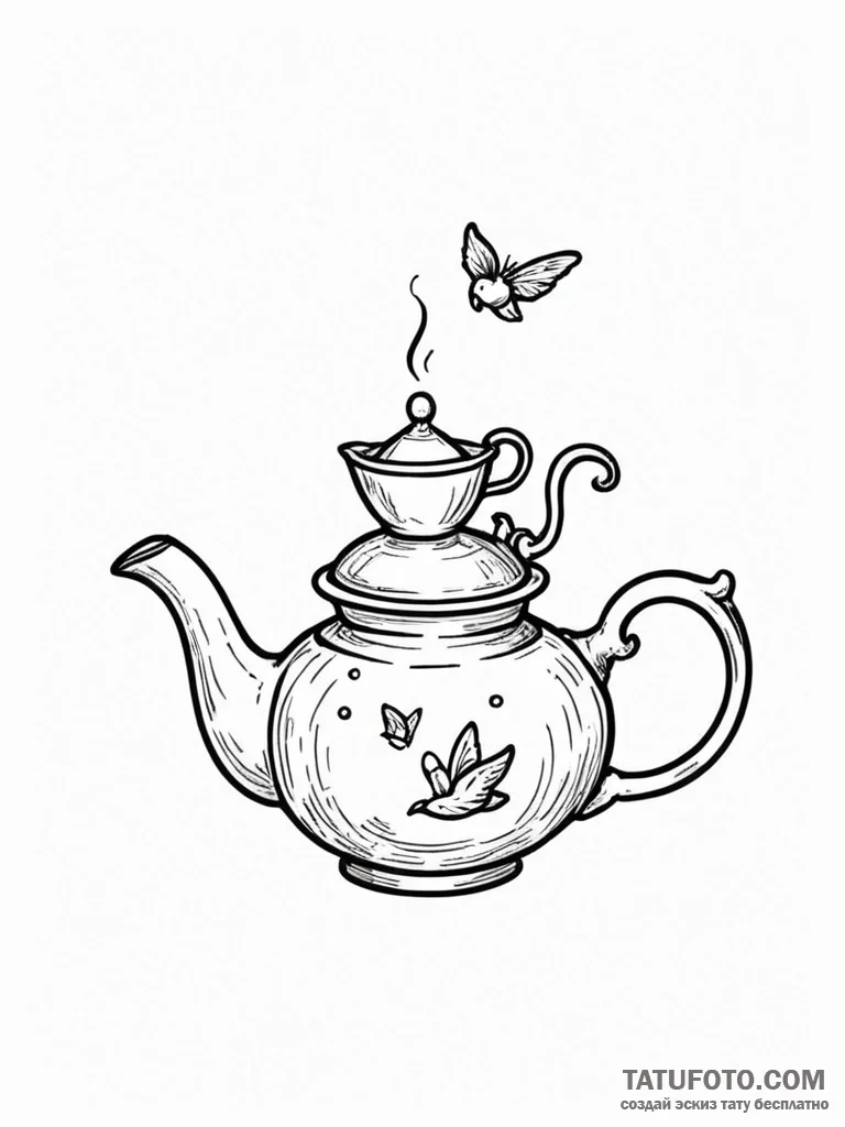 Tattoo sketch a tiny, flying teapot. - эскиз тату (№1751079787_0, 28.06.2025 03:03) — Tatufoto.com