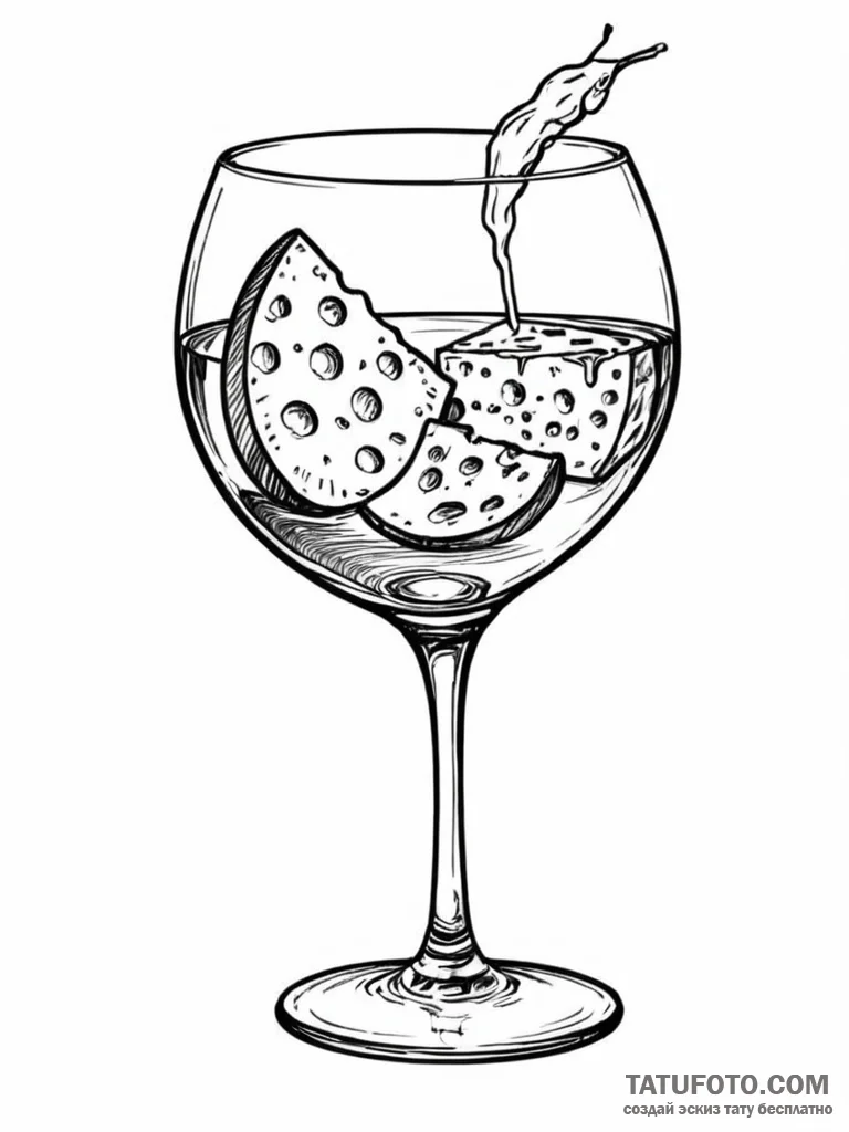 Tattoo design 'wine glass' on one, 'cheese' o... - эскиз тату (№1751080453_0, 28.06.2025 03:14) — Tatufoto.com