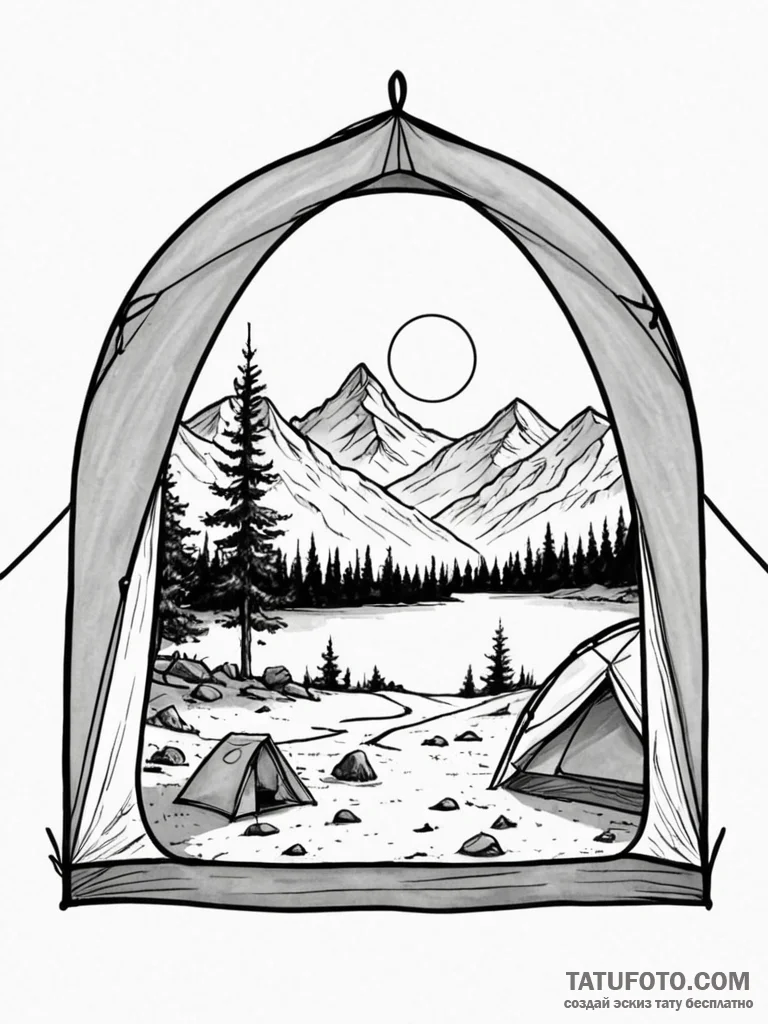 The view from inside a tent, looking out at a... - эскиз тату (№1751084189_0, 28.06.2025 04:16) — Tatufoto.com