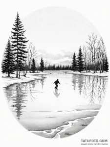 A solitary figure practicing ice skating on a... - эскиз тату (№1751084584_0, 28.06.2025 04:23) — Tatufoto.com