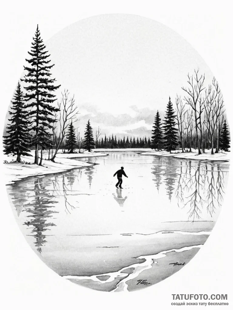 A solitary figure practicing ice skating on a... - эскиз тату (№1751084584_0, 28.06.2025 04:23) — Tatufoto.com