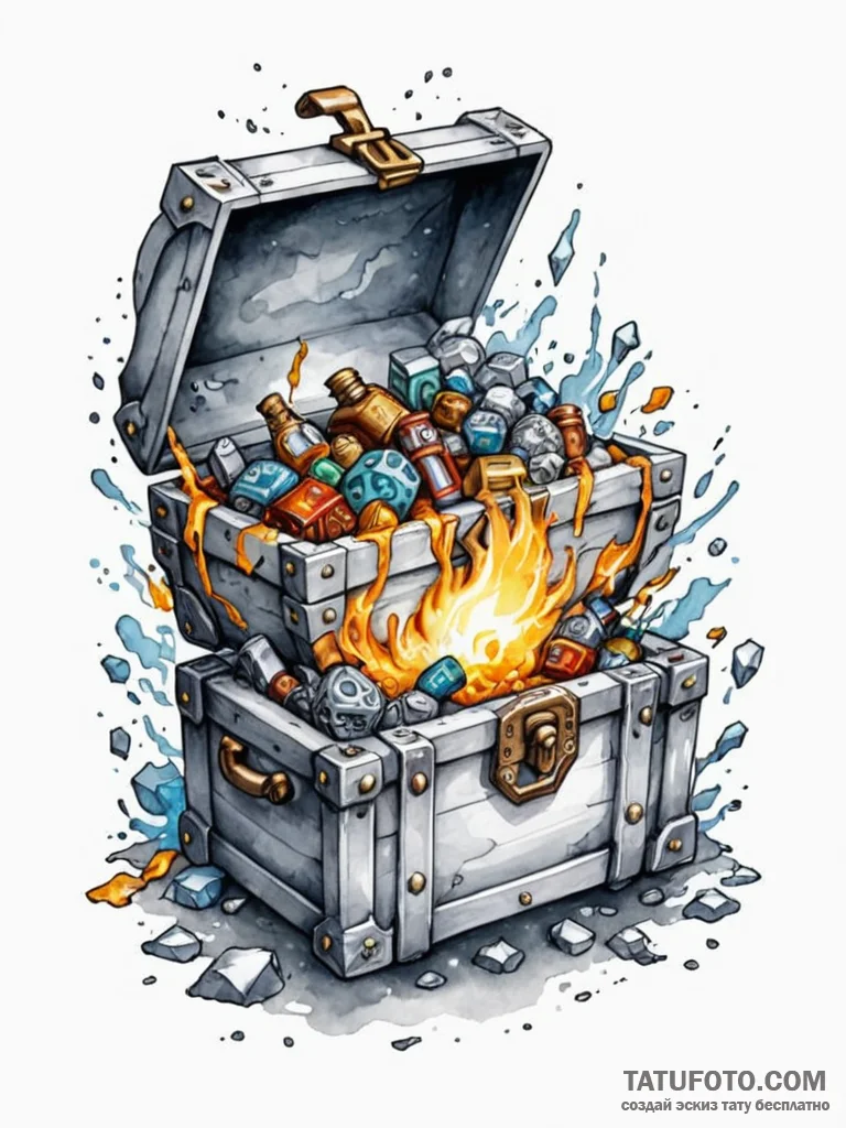 Tattoo sketch a stylized "epic loot" chest ov... - эскиз тату (№1751085315_0, 28.06.2025 04:35) — Tatufoto.com
