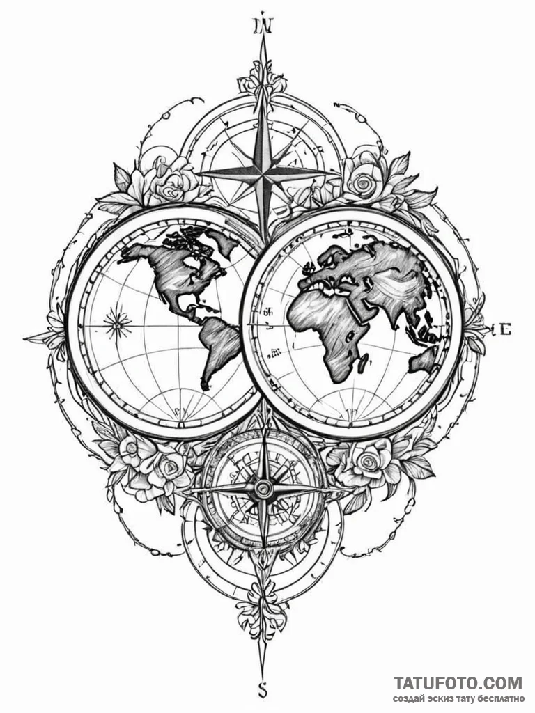 Tattoo design a compass on one partner, a wor... - эскиз тату (№1751086629_0, 28.06.2025 04:57) — Tatufoto.com