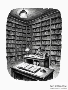 The interior of an old, dusty library at nigh... - эскиз тату (№1751086715_0, 28.06.2025 04:58) — Tatufoto.com