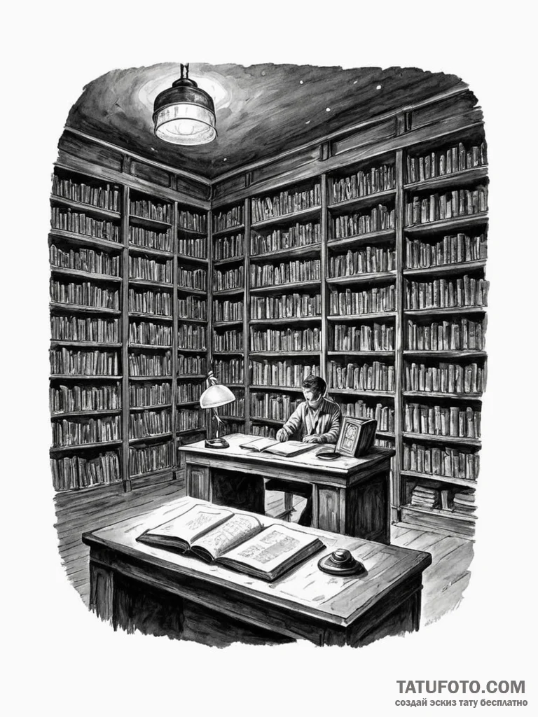 The interior of an old, dusty library at nigh... - эскиз тату (№1751086715_0, 28.06.2025 04:58) — Tatufoto.com