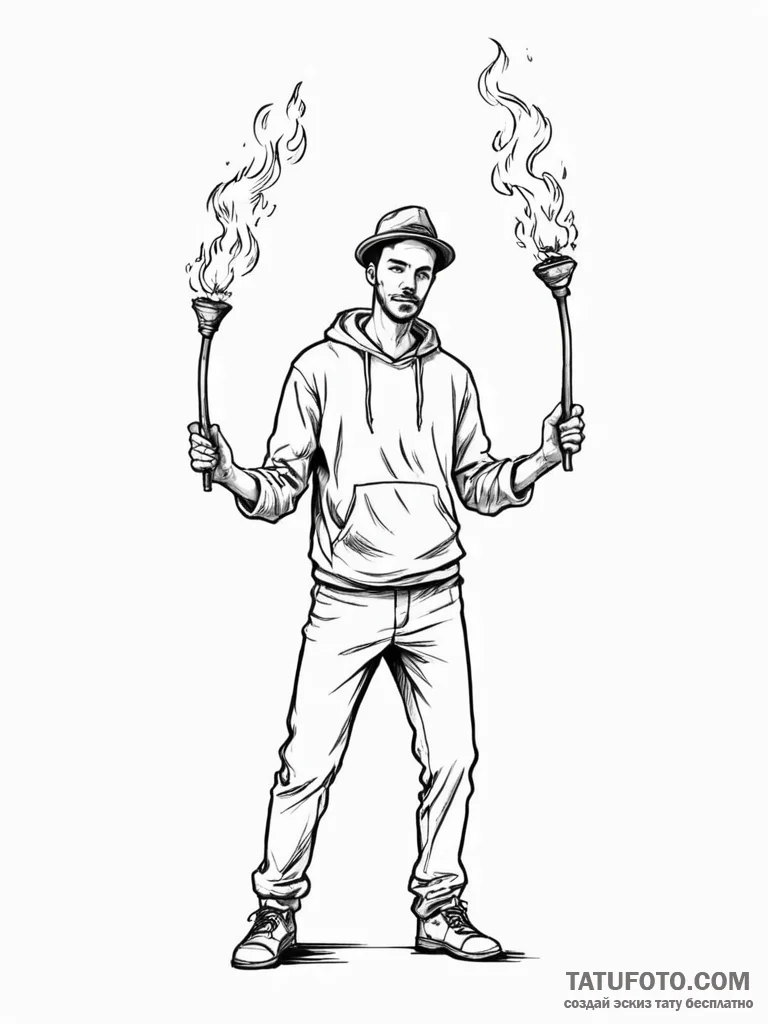 A street performer juggling flaming torches a... - эскиз тату (№1751087045_0, 28.06.2025 05:04) — Tatufoto.com