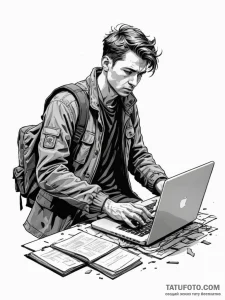 A journalist in a flak jacket, typing on a la... - эскиз тату (№1751089369_0, 28.06.2025 05:42) — Tatufoto.com