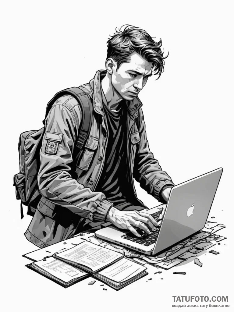 A journalist in a flak jacket, typing on a la... - эскиз тату (№1751089369_0, 28.06.2025 05:42) — Tatufoto.com