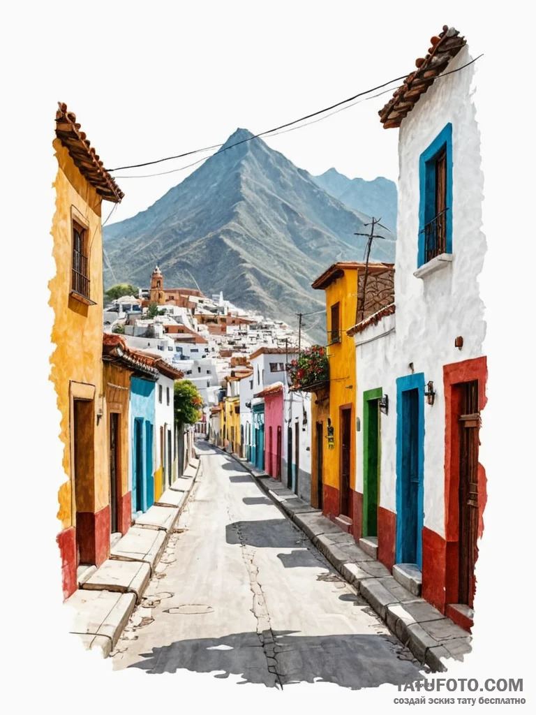 A narrow, colorful street in a mexican villag... - эскиз тату (№1751089449_0, 28.06.2025 05:44) — Tatufoto.com