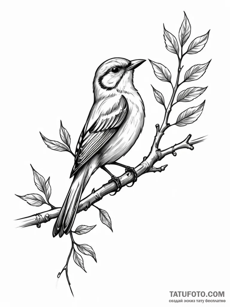 Tattoo sketch a stylized songbird perched on... - эскиз тату (№1751090759_0, 28.06.2025 06:05) — Tatufoto.com