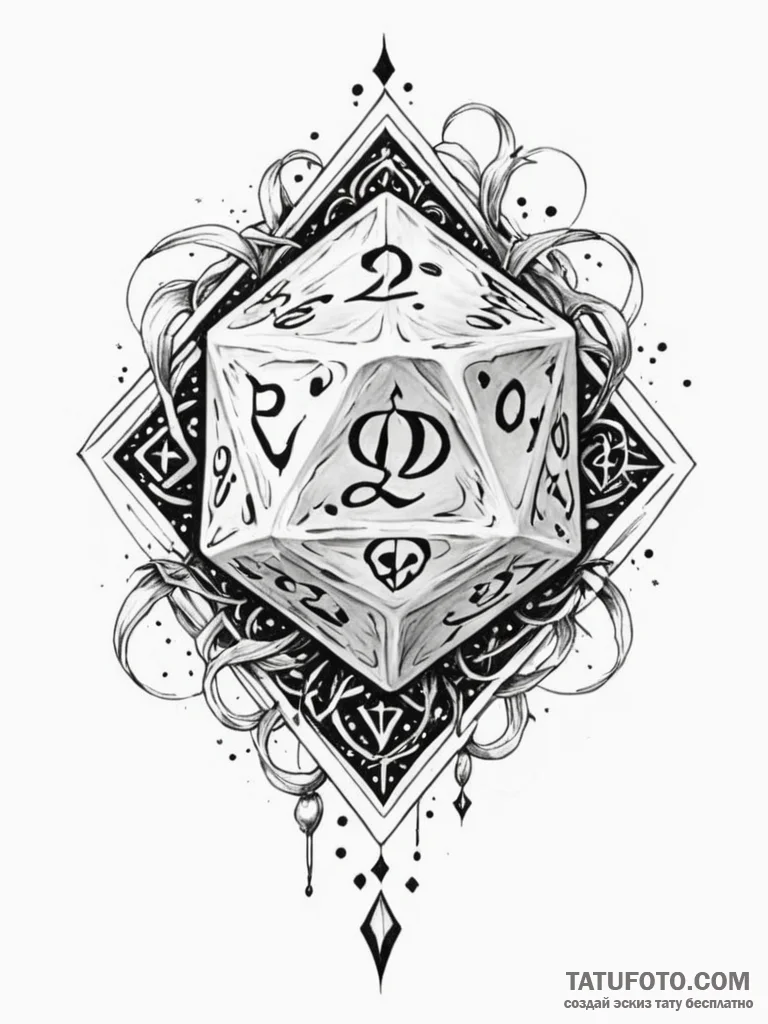 Tattoo sketch a stylized d20 dice rolling mid... - эскиз тату (№1751090977_0, 28.06.2025 06:09) — Tatufoto.com