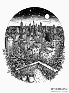 The view of a city from a rooftop garden at n... - эскиз тату (№1751091726_0, 28.06.2025 06:22) — Tatufoto.com