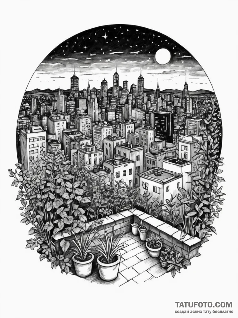 The view of a city from a rooftop garden at n... - эскиз тату (№1751091726_0, 28.06.2025 06:22) — Tatufoto.com