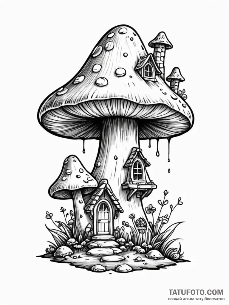 Tattoo design a whimsical mushroom house. - эскиз тату (№1751091828_0, 28.06.2025 06:23) — Tatufoto.com