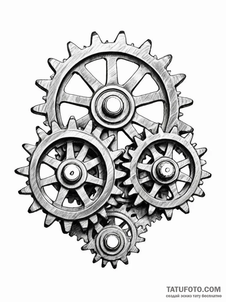 A close-up on the weathered, greasy gears of... - эскиз тату (№1751095847_0, 28.06.2025 07:30) — Tatufoto.com