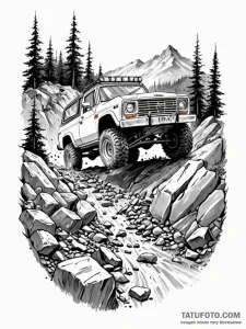 A rugged, mud-splattered 4x4 off-road vehicle... - эскиз тату (№1751096315_0, 28.06.2025 07:38) — Tatufoto.com