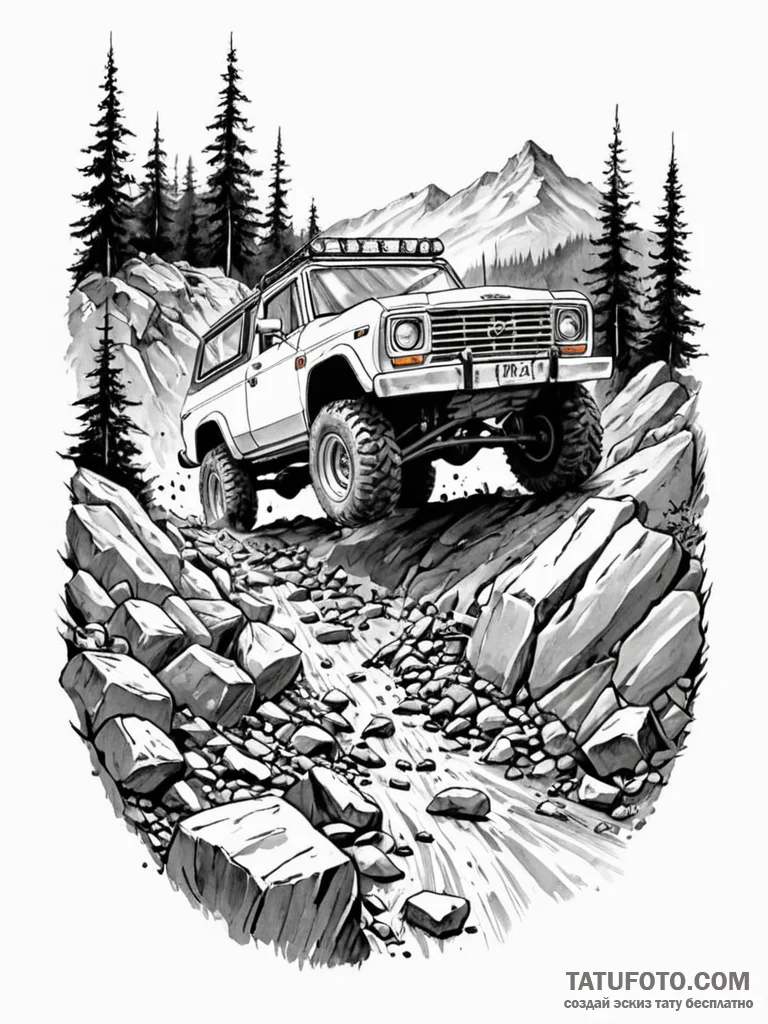 A rugged, mud-splattered 4x4 off-road vehicle... - эскиз тату (№1751096315_0, 28.06.2025 07:38) — Tatufoto.com