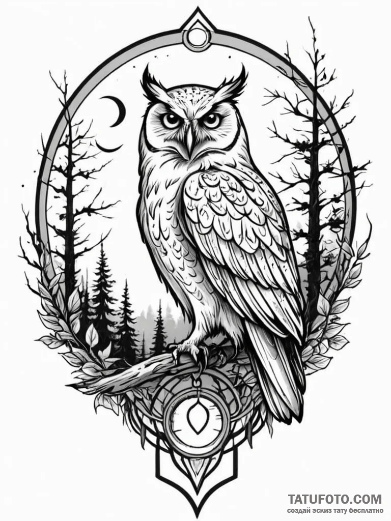 Tattoo design a stylized raven or owl watchin... - эскиз тату (№1751097048_0, 28.06.2025 07:50) — Tatufoto.com