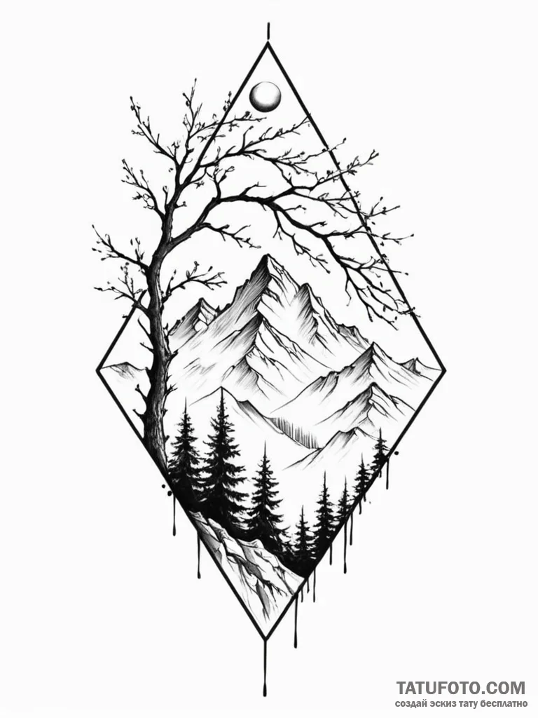 Tattoo design a mountain range with a lone tr... - эскиз тату (№1751097193_0, 28.06.2025 07:53) — Tatufoto.com