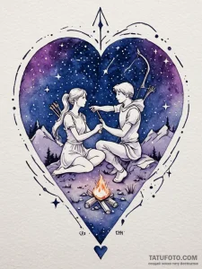Tiny romantic sagittarius scene: a man and wo... - эскиз тату (№1751098818_0, 28.06.2025 08:20) — Tatufoto.com