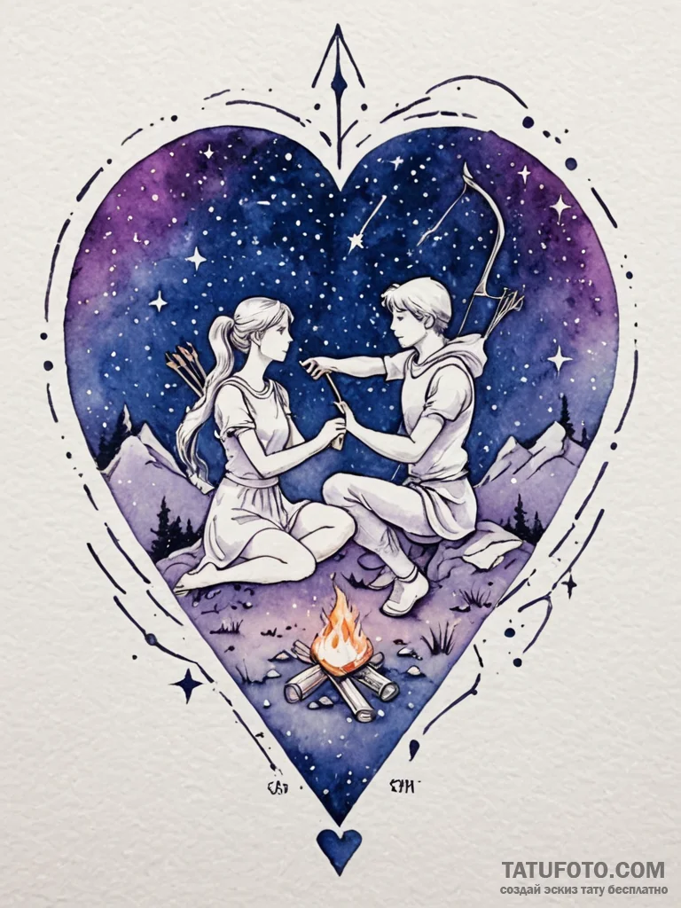 Tiny romantic sagittarius scene: a man and wo... - эскиз тату (№1751098818_0, 28.06.2025 08:20) — Tatufoto.com