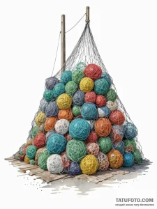 A pile of colorful, discarded fishing nets on... - эскиз тату (№1751099456_0, 28.06.2025 08:30) — Tatufoto.com
