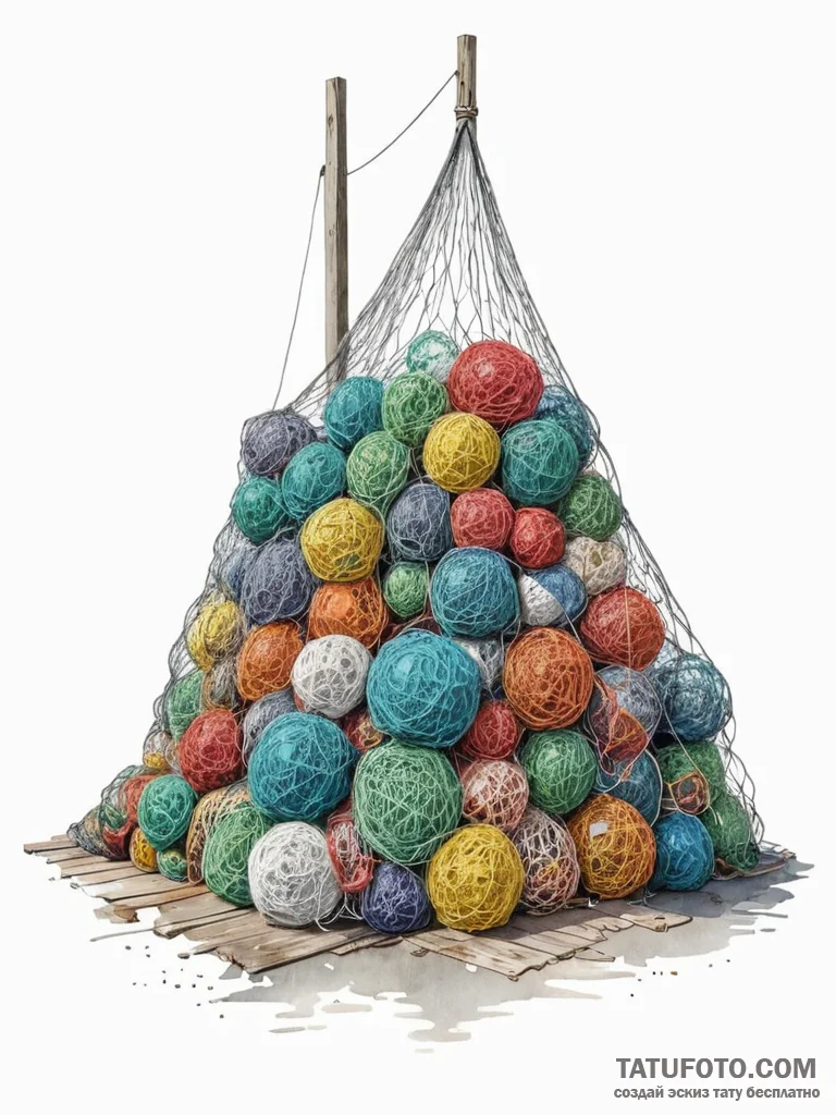 A pile of colorful, discarded fishing nets on... - эскиз тату (№1751099456_0, 28.06.2025 08:30) — Tatufoto.com