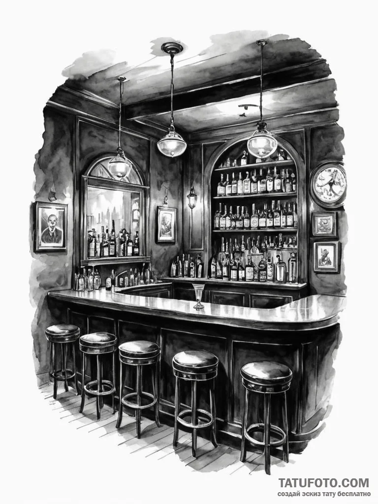 A dimly lit, atmospheric speakeasy bar with v... - эскиз тату (№1751099542_0, 28.06.2025 08:32) — Tatufoto.com