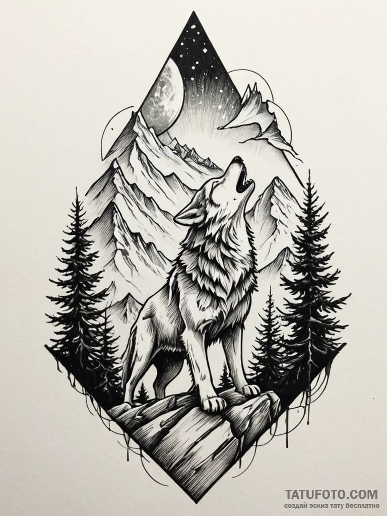 Tattoo design a wolf howling victoriously on... - эскиз тату (№1751099708_0, 28.06.2025 08:35) — Tatufoto.com