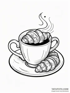 Tattoo sketch a coffee cup on one, a croissan... - эскиз тату (№1751100414_0, 28.06.2025 08:46) — Tatufoto.com