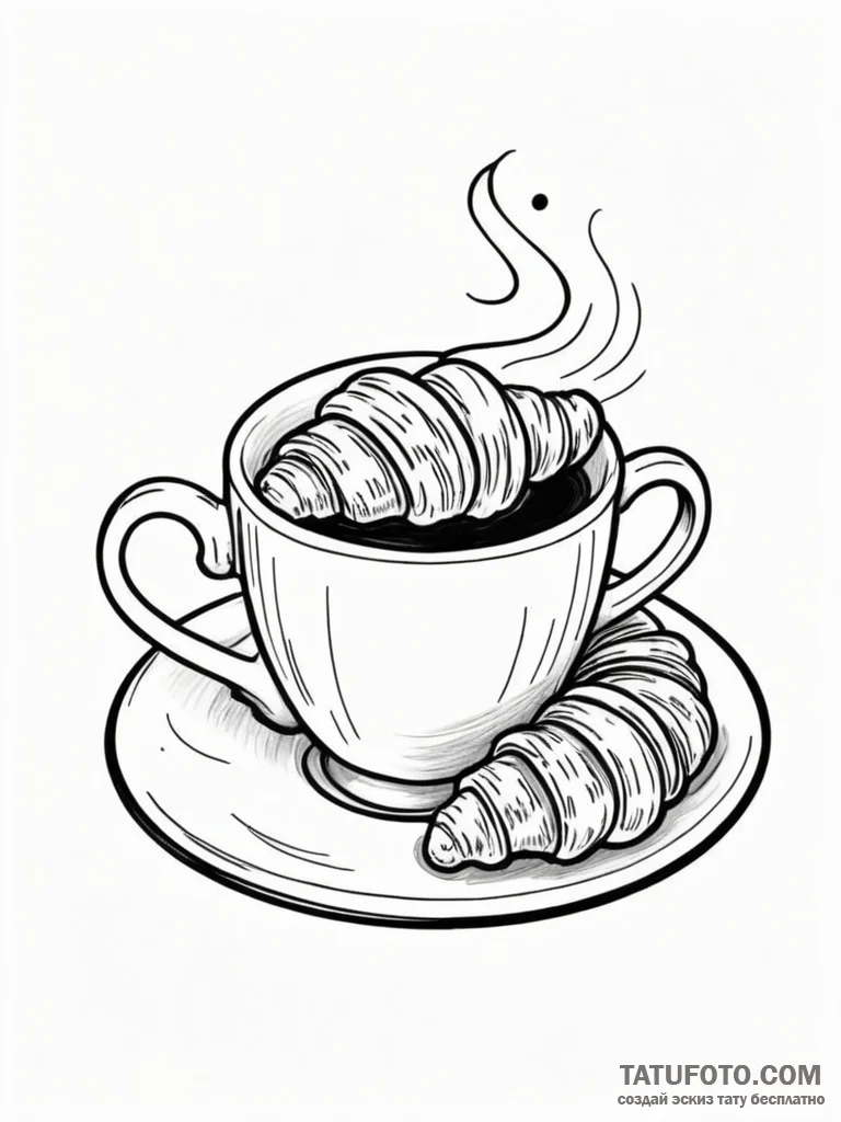 Tattoo sketch a coffee cup on one, a croissan... - эскиз тату (№1751100414_0, 28.06.2025 08:46) — Tatufoto.com