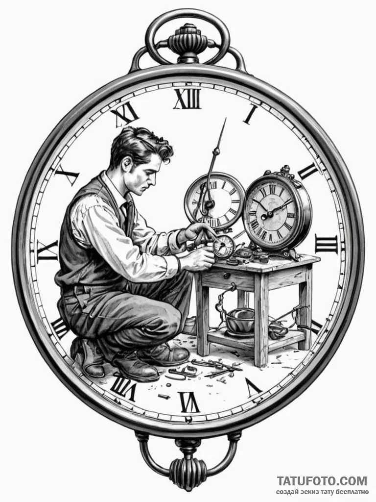 A person repairing a delicate, antique watch. - эскиз тату (№1751101553_0, 28.06.2025 09:05) — Tatufoto.com