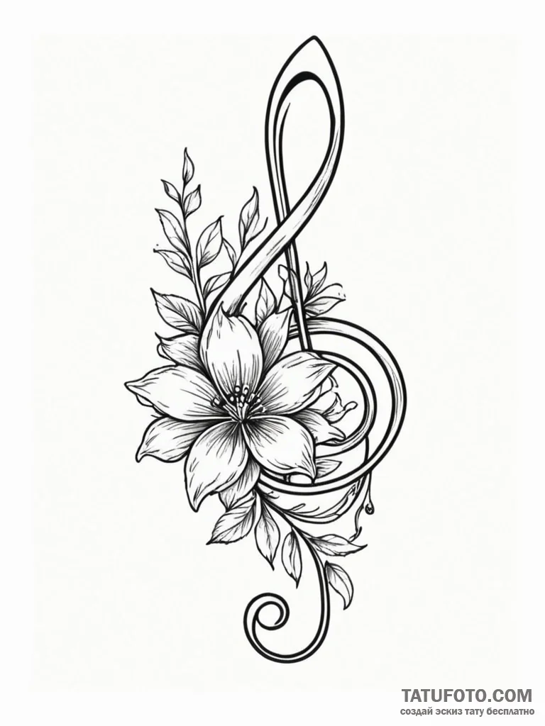 Tattoo sketch a flower whose stem is a musica... - эскиз тату (№1751101974_0, 28.06.2025 09:12) — Tatufoto.com