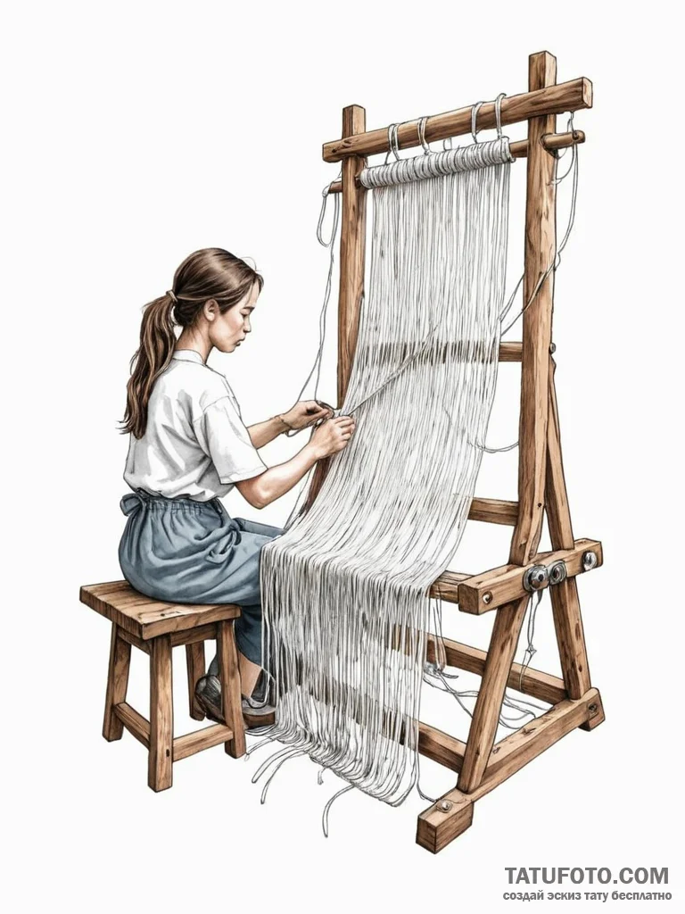 A person weaving a tapestry on a large loom. - эскиз тату (№1751103101_0, 28.06.2025 09:31) — Tatufoto.com
