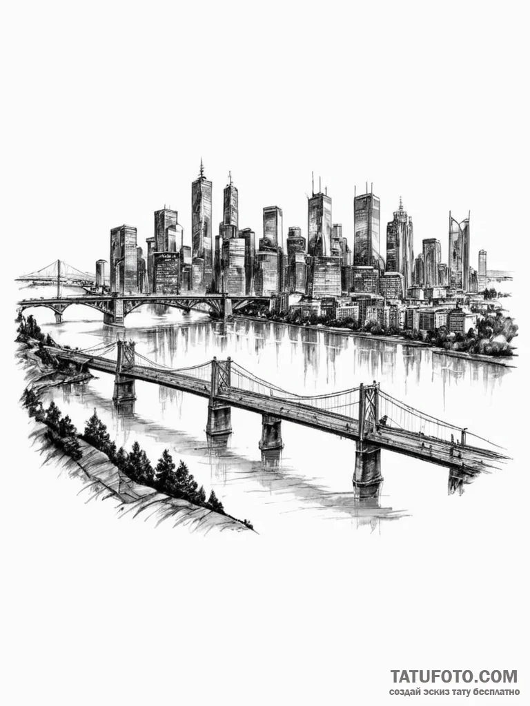 A view of a city skyline from across a river,... - эскиз тату (№1751103920_0, 28.06.2025 09:45) — Tatufoto.com