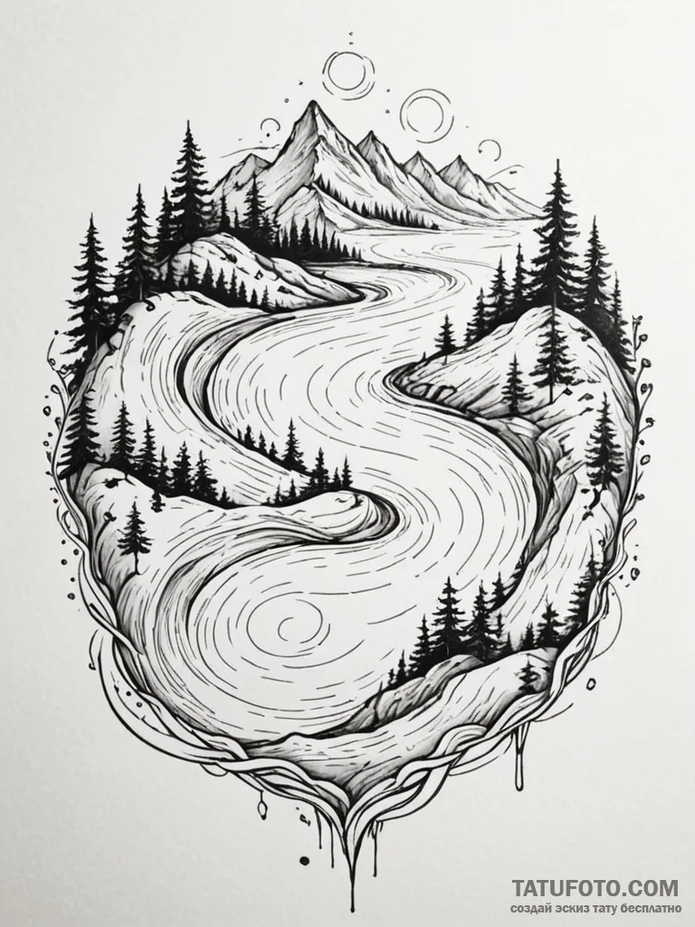 Tattoo design a flowing river of code that tr... - эскиз тату (№1751104005_0, 28.06.2025 09:46) — Tatufoto.com