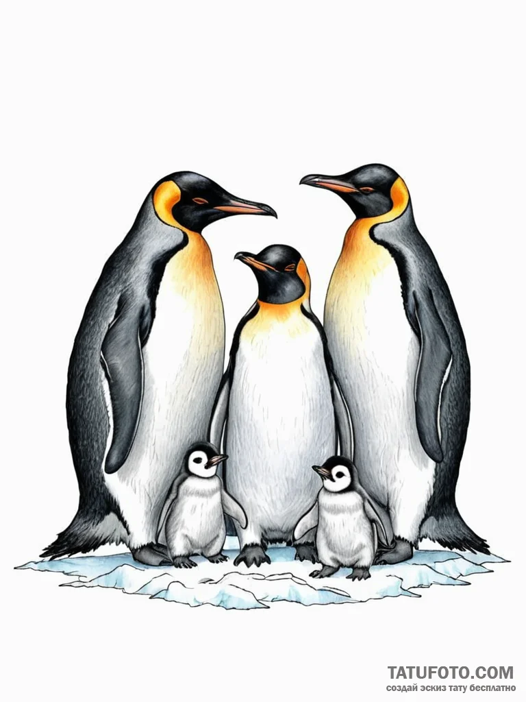 A group of penguins huddled together on an an... - эскиз тату (№1751104843_0, 28.06.2025 10:00) — Tatufoto.com