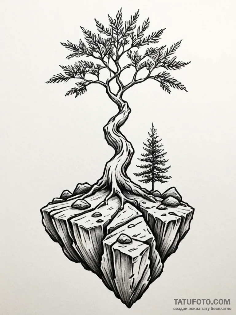 Tattoo sketch a tree growing out of rock, sym... - эскиз тату (№1751105411_0, 28.06.2025 10:10) — Tatufoto.com