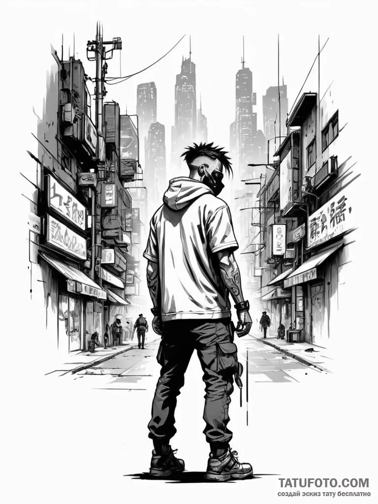 Tattoo design a cyberpunk street scene with a... - эскиз тату (№1751107546_0, 28.06.2025 10:45) — Tatufoto.com