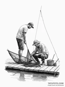 A person repairing a fishing net on a dock. - эскиз тату (№1751107740_0, 28.06.2025 10:49) — Tatufoto.com