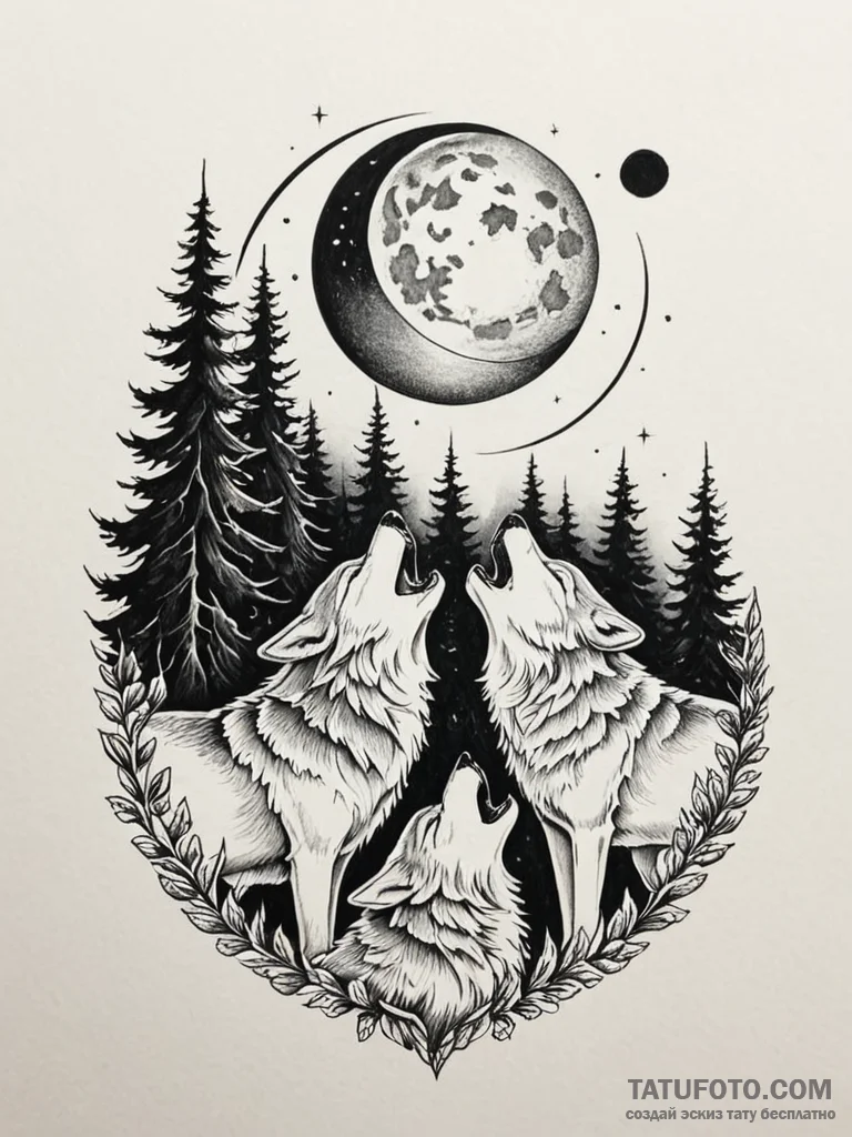 Tattoo design a wolf pack howling together un... - эскиз тату (№1751110476_0, 28.06.2025 11:34) — Tatufoto.com