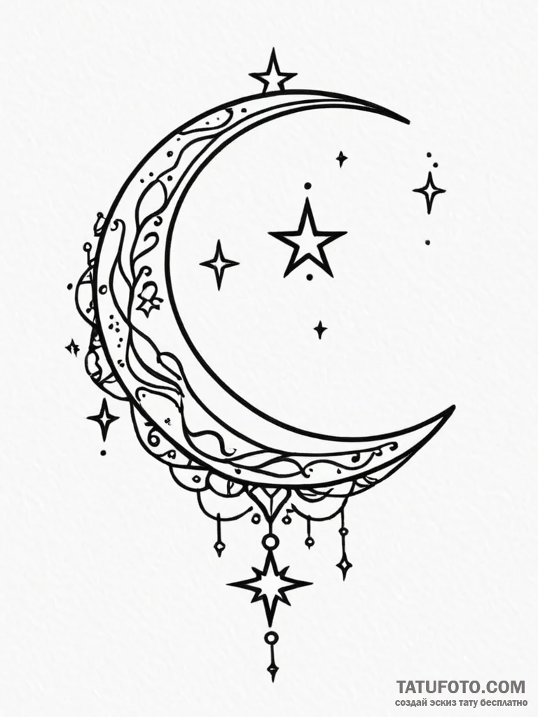 Tattoo sketch a crescent moon on one, a tiny... - эскиз тату (№1751112485_0, 28.06.2025 12:08) — Tatufoto.com