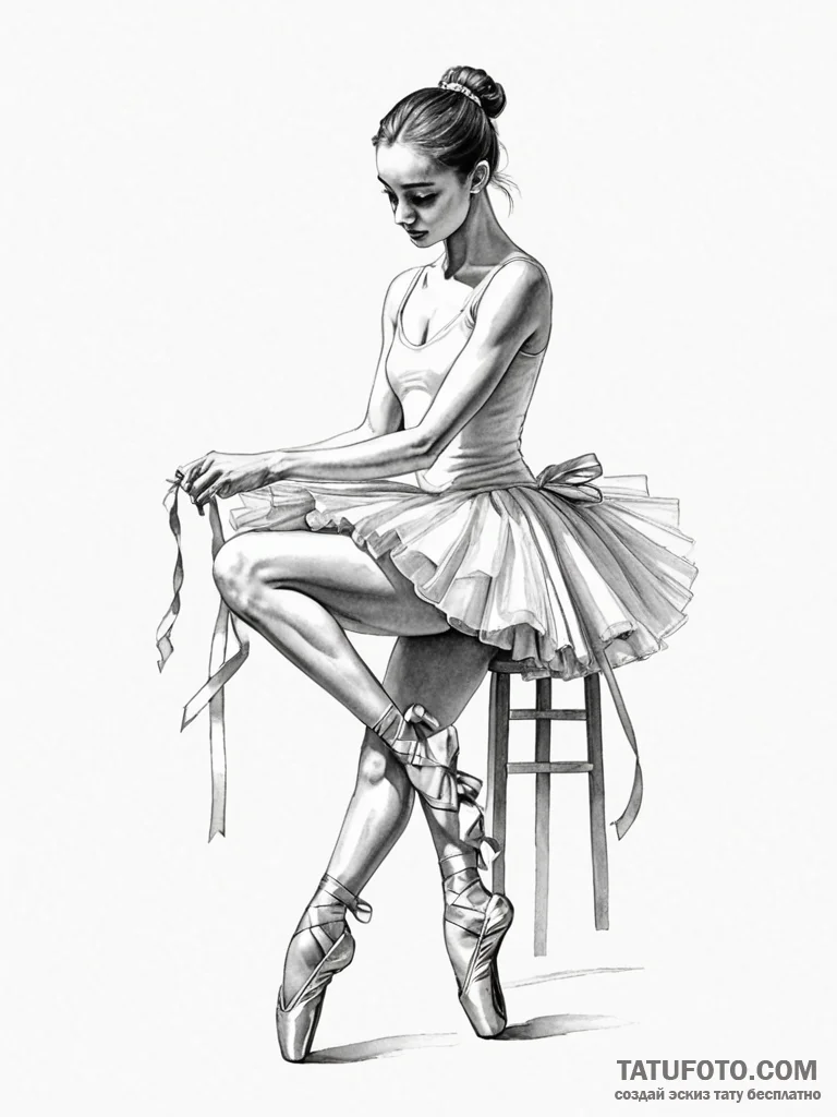 A ballerina tying the ribbons on her pointe s... - эскиз тату (№1751112794_0, 28.06.2025 12:13) — Tatufoto.com